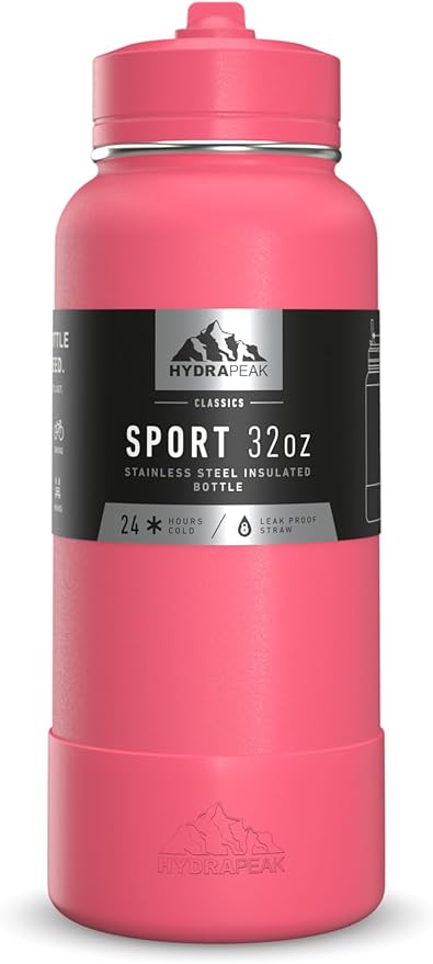Hydrapeak 32oz Sport Insulated Water Bottle with Chug Lid, Leak & Spill Proof, Keeps Drinks Cold for 24 Hours, Hot for 12 Hours, Premium Stainless Steel Water Bottles (32oz, Neon Crush)