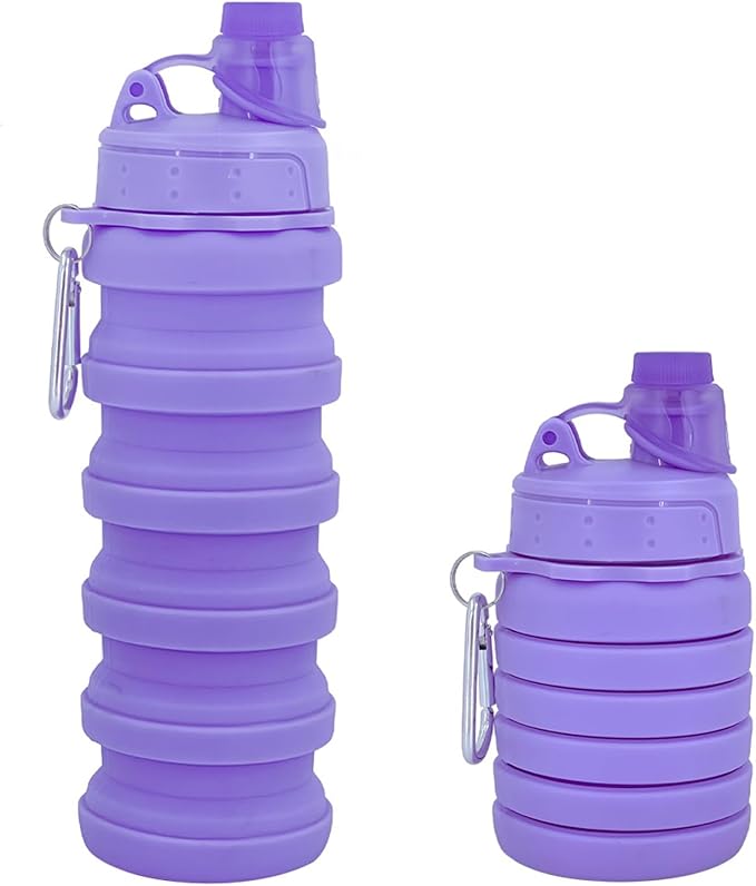 Collapsible Water Bottles Travel Sports Portable Sport Water Bottle comes with mountaineering Buckle 500ml silicone Water-proof camping water bottle (Purple Color)