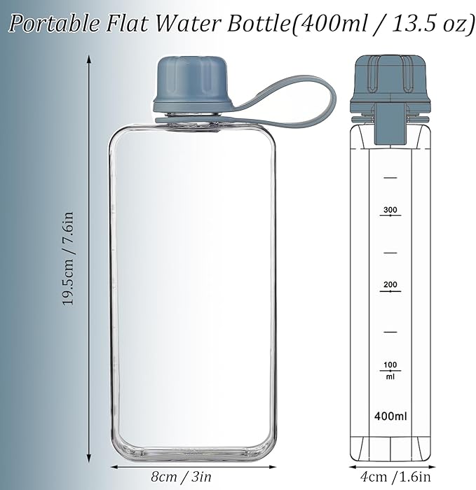 Tritan Transparent Flat Water Bottle samll Water Bottle Slim Square Pocket Bottle Water Flask, BPA Free/Slim Design/Leak Proof Water Bottle for Travel, Outdoor, Sports (Light Blue, 400ML)