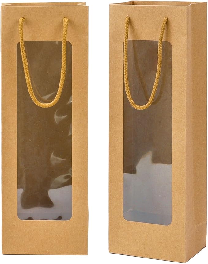 Ssyuysto 12 Pcs Wine Gift Bag with Window, 12 Pack 4.9"x3.34"x 14.1" Tall Paper Wine Bags for Wine Bottle, Brown Gift Bag for New Year Birthday Housewarming Dinner Party
