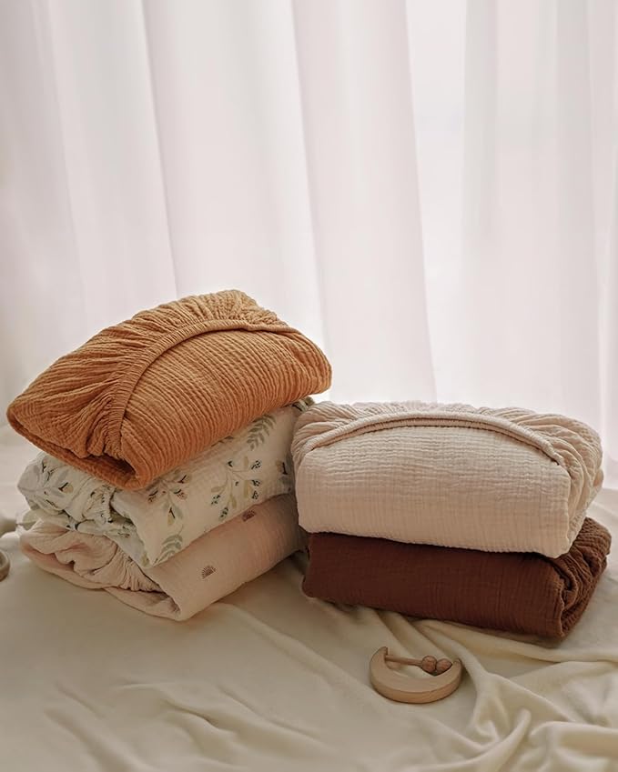 Blissful Diary Muslin Mini Crib Sheets, Pack and Play Mattress Sheets Fitted for Pack N Play, Soft Cotton for Boys Girls, 2 Pack(Retro Yellow&Beige)