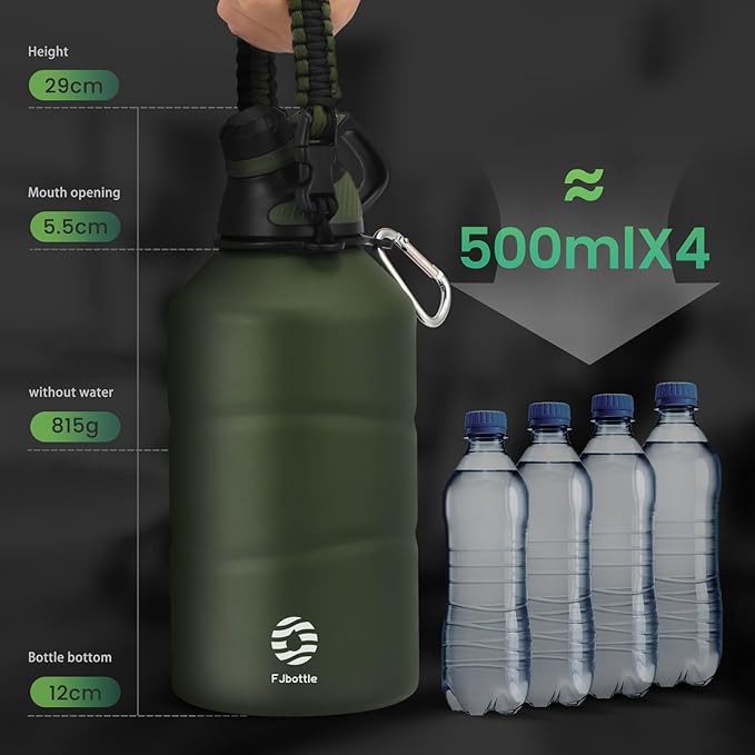 Insulated Half Gallon Water Bottle 64oz with Magnetic Lid,Stainless Steel Double-Wall Vacuum Leak Proof Sports Insulated Jug with Paracord Handle, Keep Water Hot & Cold for Outdoor,Gym