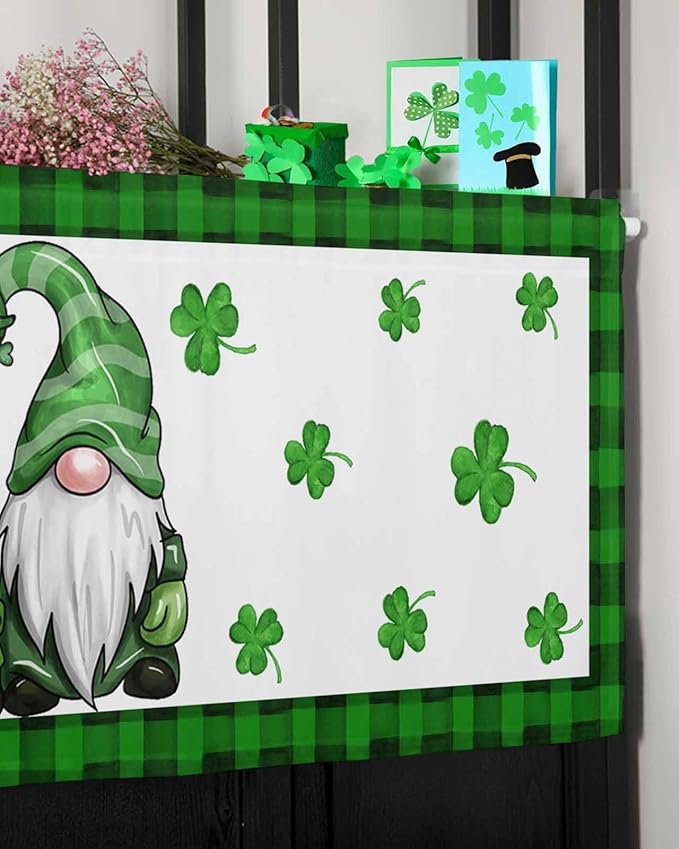 Gnome St. Patrick's Day Kitchen Curtains Valances for Windows Buffalo Plaid Shamrock Rod Pocket Window Treatment for Kitchen /Living Room/Bedroom/ Bathroom, 42" X 18", Seasonal Spring Holiday