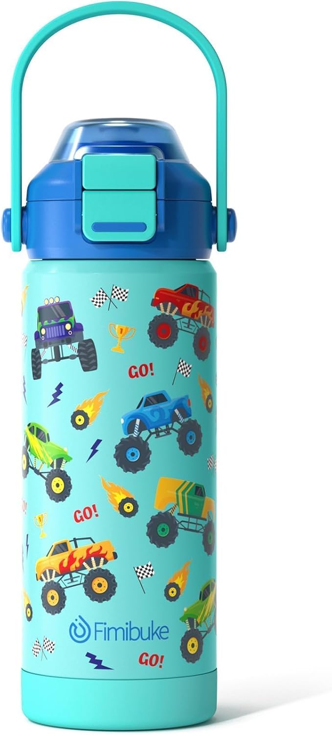 Fimibuke Kids Insulated Water Bottle with Pop-Open Straw & Spout 2-in-1 Lid, 18oz Leak Proof 18/8 Stainless Steel Vacuum Tumbler, BPA-Free Kids Cup For Travel School Boys Girls Toddler 1Pack
