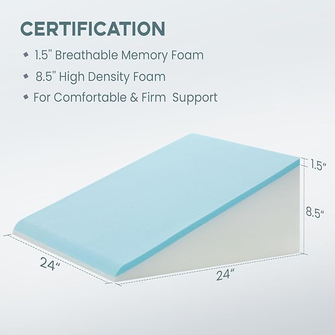 Bed Wedge Pillow, 10" 24" 24" Triangle Pillow Wedge, Cooling Memory Foam Top, Elevated Support Wedge Pillow for Relieving Acid Reflux, Heartburn, Snoring and GERD