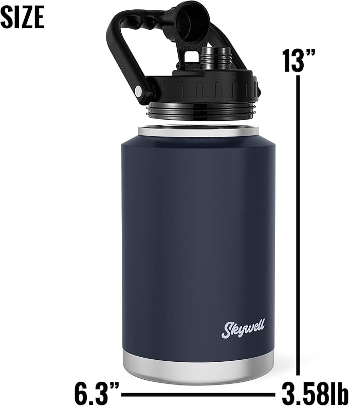 SkyWell 128 Oz Insulated Water Bottle Sleeve and Cup Kit Wide Mouth Water Flask Sweat-Proof and Leak-Proof 1 Gallon Stainless Steel Water Jug for Outdoors, Navy Kit