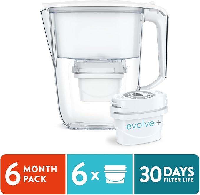 Aqua Optima 5-Cup Water Filter Pitcher Bundle Pack for Tap and Drinking Water with 6 Evolve+ Filter, Reduces Microplastics, Improves Taste, BPA Free, WQA Certified, Daisy Design (White)