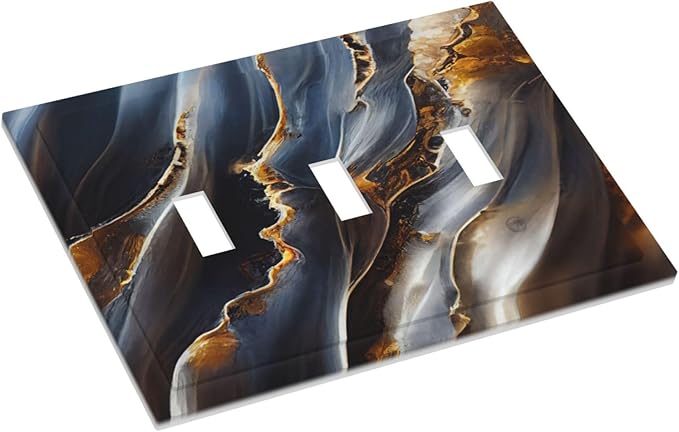 Gradient Abstract Ripple Blue Gold Marble Printed 3 Gang Light Switch Covers Triple Toggle Wall Plate Decorative Switchplate Electrical Faceplate for Kitchen Bathroom Bedroom Decor