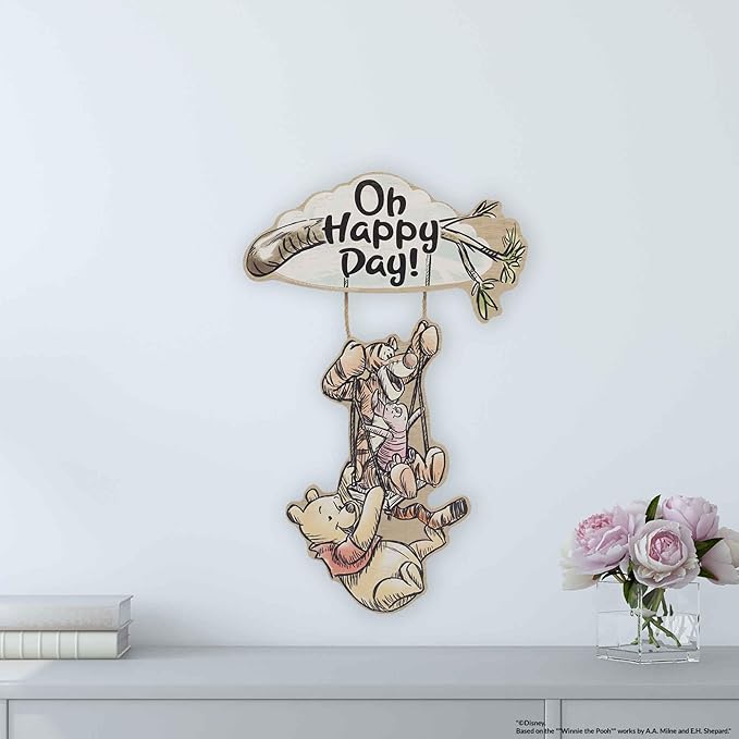 Open Road Brands Disney Winnie The Pooh Oh Happy Day Linked Hanging Wood Wall Decor - Adorable Winnie The Pooh Decoration for Kids' Bedroom or Nursery