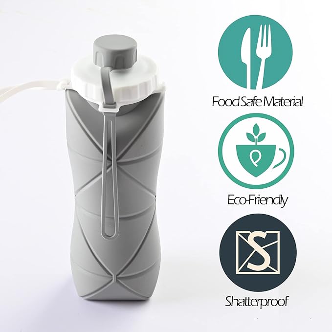 Collapsible Water Bottle, Silicone Foldable Water Bottles For Travel, Easy-To-Carry Design And Compact Size, BPA Free, 20 oz (Grey)