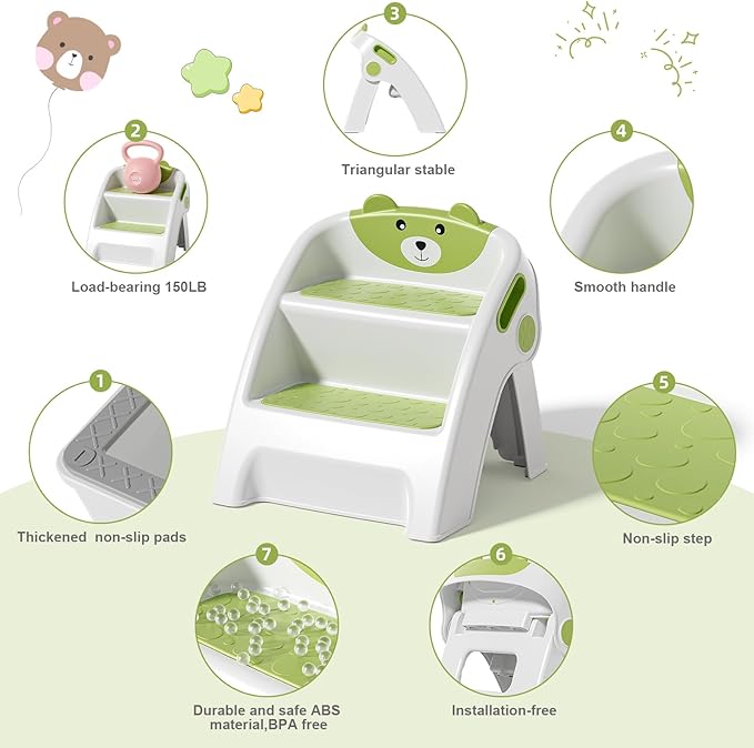 Folding Kids Step Stool for Bathroom and Potty Training,2.9lbs,Anti-Slip, Anti-Tip A-Frame Design with 10-Second Setup-Potty 2 Step Stool for Toddlers,CPC Certified for Safety and Easy Hand Washing