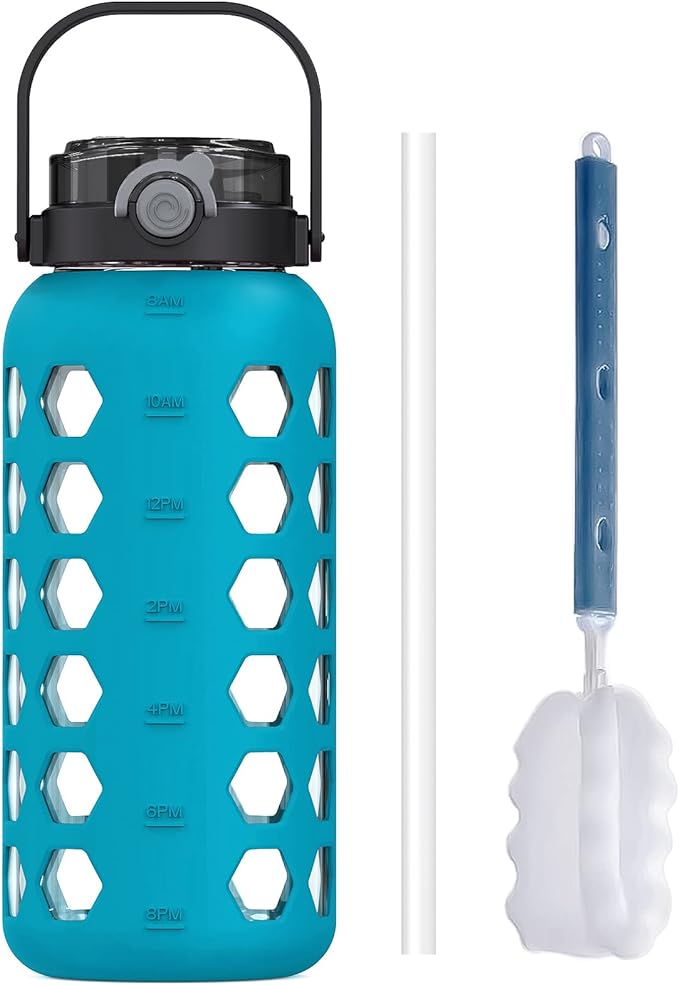 MUKOKO Half Gallon/64 oz Glass Water Bottles with Straw and Lid,Motivational Water Jug with Time Marker Reminder and Silicone Sleeve,100% Leakproof BPA Free Fitness Sports Large Bottle-Teal