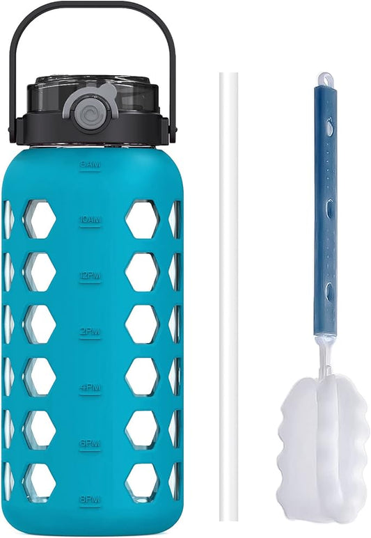 MUKOKO Half Gallon/64 oz Glass Water Bottles with Straw and Lid,Motivational Water Jug with Time Marker Reminder and Silicone Sleeve,100% Leakproof BPA Free Fitness Sports Large Bottle-Teal