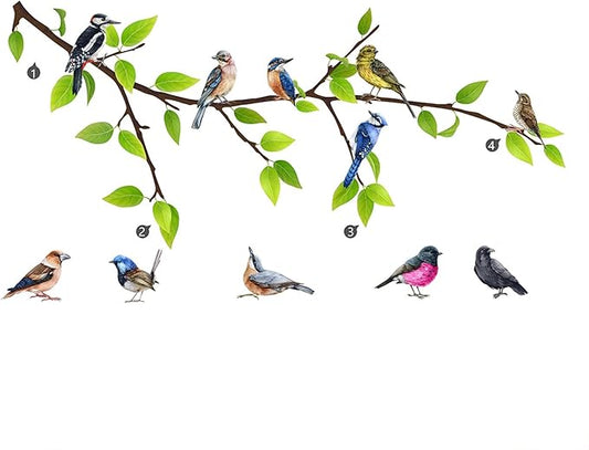 Hummingbird on The Tree Branch Wall Sticker, Colorful Birds Green Tree Decals, Removable Green Leaf and Flying Bird DIY Art Wall Decal for Garden Living Room Bedroom Kitchen Nursery Room