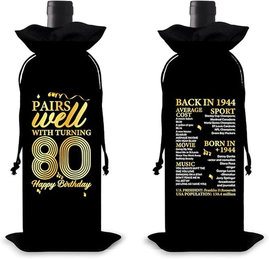 80th Birthday Gifts Wine Bag Congratulations Gifts for Women Men Parents Mom Dad Anniversary Favors 1944 Birthday Wine Gift Bag