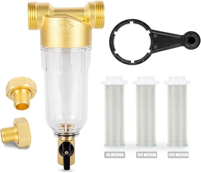 WHC40 Sediment Filter，40 & 100 & 200 Micron Spin Down Water Sediment Filter，Reusable Whole House Sediment Water Filter, Pre-Filtration System for Well Water 1" MNPT + 3/4" FNPT + 3/4"MNPT