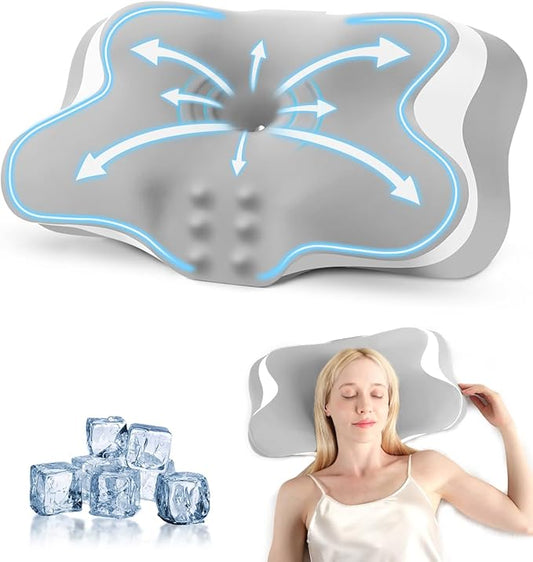 Cervical Pillow for Neck & Shoulder Pain Relief - Adjustable Ergonomic Pillow with Cooling Pillowcase,Memory Foam Pillow Fit for Side, Back & Stomach Sleepers(Gray-White)