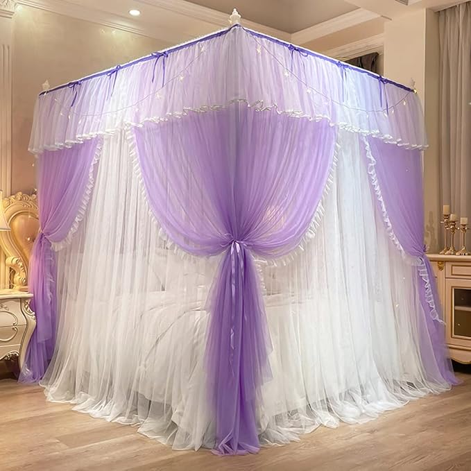 Mengersi Canopy Bed Curtains with Lights,4 Corner Bed Canopy Royal Luxurious Bed Drapes Netting,Princess Bed Curtains for Girls Adults Bedroom Decoration (Purple, Full)