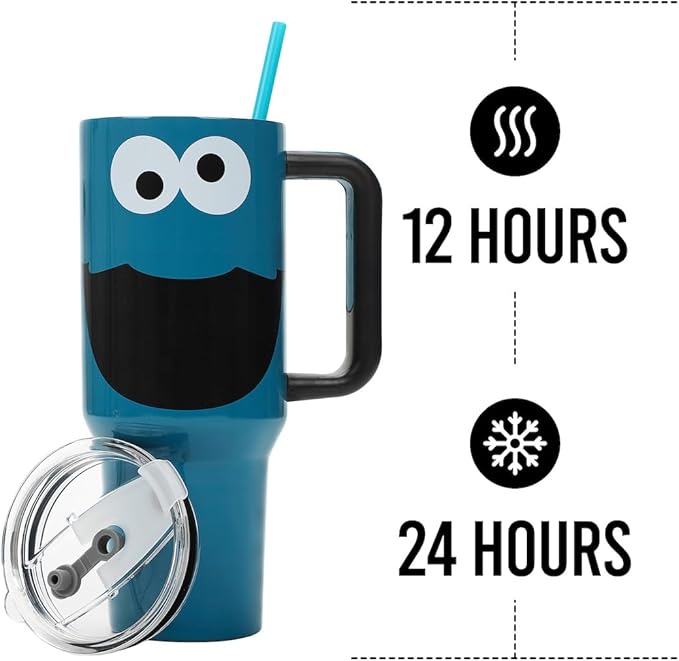 Bioworld Sesame Street Cookie Monster 40 Oz Blue Stainless Steel Tumbler With Handle