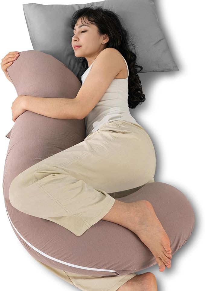 QUEEN ROSE Cooling Body Pillow, Full Body Support Pillow for Side Sleepers, Soft S Shaped Hug Pillow for Adults, with Removable Pillowcase, Beige