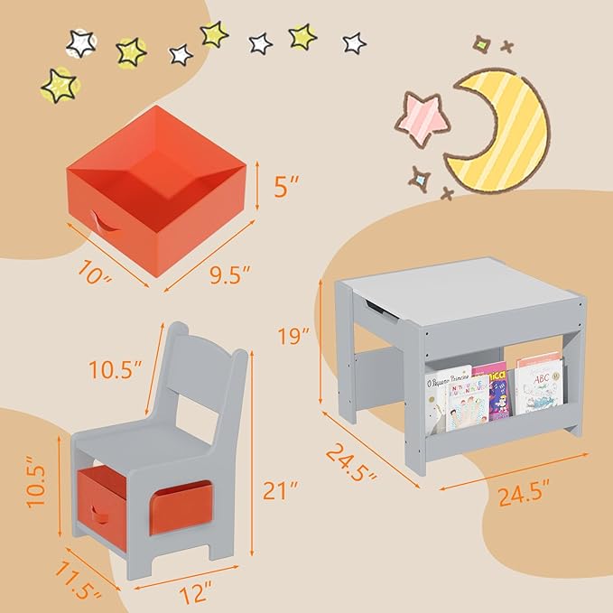 Kids Table and Chair Set, 4 in 1 Wooden Activity Table & 2 Chairs with Storage Drawer Detachable Tabletop for Toddlers Kids Drawing, Reading, Crafts, Art,Homework, Nursery, Playroom