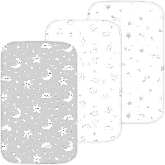 TansyPanda Bassinet Sheets for Angelbliss, Koolerthings, Koola Baby Bassinet Bedside Sleeper, 3 Pack, 33x20 inch, Ultra Soft, Breathable, Snug Fit, Unisex Boys Girls, Gray White (Moon, Stars, Clouds)