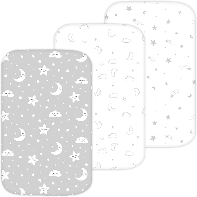 TansyPanda Bassinet Sheets for Cloud Baby, Yacul, Dream On Me Traveler, Skylar, BabyBond, Simmons, 3 PC, 33x20 in, Ultra Soft, Breathable Snug Fit, Unisex Boys Girls, Gray White (Moon, Stars, Clouds)