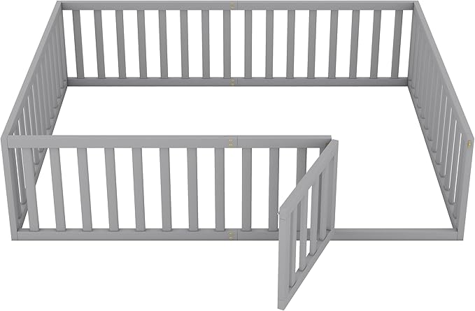 Queen Size Floor Bedframe with Door and Safety Guardrails Fence, Solid Wooden Toddler Montessori Platform Bed for Children Bedroom, Boys Girls, Kids Playroom