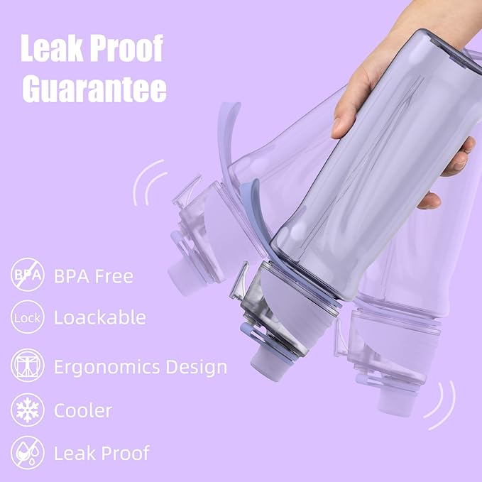 FEIJIAN Mist Water Bottle,22oz Sports Water Bottle with 2-IN-1 Mist & Sip Function, BPA-Free Plastic Water Bottles, Misting Water Bottle, Leakproof & Lightweight, Ideal for Fitness and Outdoor, Purple