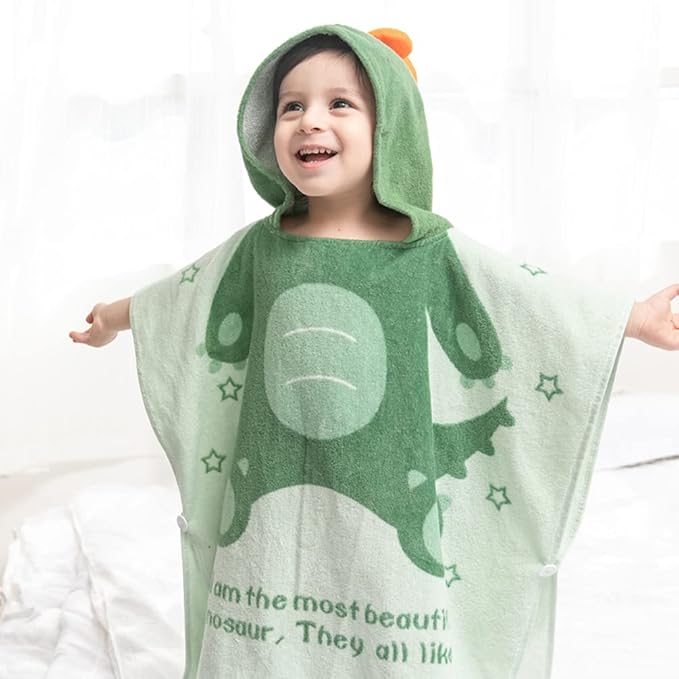 TONWHAR Kids Bath/Pool/Beach Hooded Poncho Towel-Cartoon Animal Pattern Cotton Beach Towel for Baby and Kids (Army Green Dinosaur, 1-4 Years/Height:33.4"-43.3")