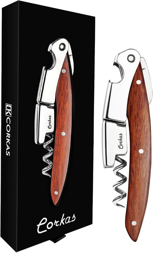 Wine Key - CORKAS Prestige Waiter Corkscrew with Rosewood Handle, Handcrafted Wine Opener Manual with Double Hinged, Foil Cutter and Bottle Opener, Ideal Gifts for Sommelier, Bartenders, Servers