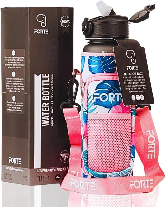 FORTE Plastic Water Bottle with Sleeve - BPA-Free Water Jug with Leak Proof Lid and Straw - Perfect for Gym, Office, and Everyday Use (Floral)