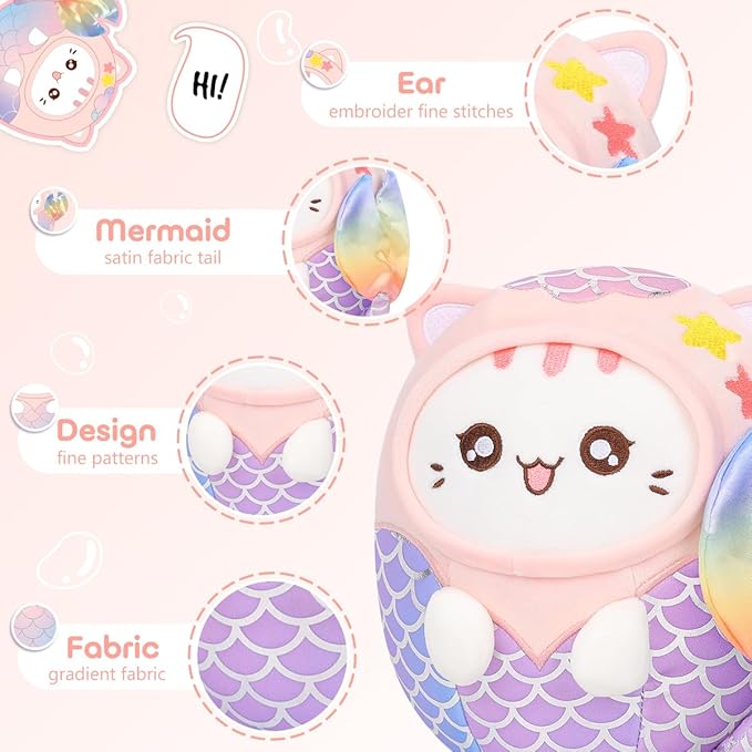 Cute Plush Mermaid Cat Stuffed Animal Pillow, 8" Soft Kawaii Kitten Plushie with Mermaid Outfit Gift for Kids