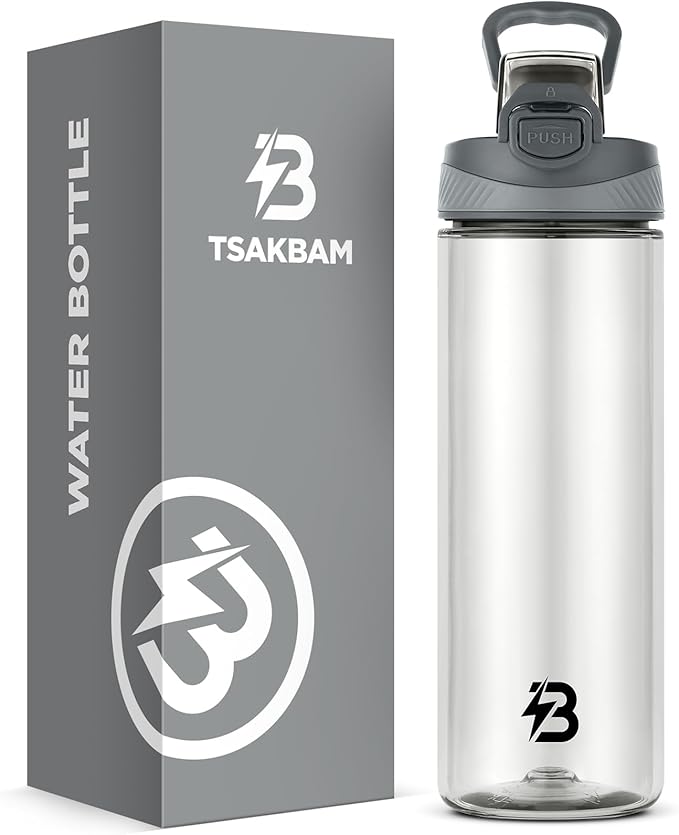 Clear Water Bottle, Reusable Sports Water Bottle Tritan with Leak-Proof Flip Top Lid and Carry Handle for Travel, Gym, Office, Outdoor (Gray, 21 Oz)
