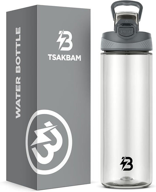 Clear Water Bottle, Reusable Sports Water Bottle Tritan with Leak-Proof Flip Top Lid and Carry Handle for Travel, Gym, Office, Outdoor (Gray, 21 Oz)