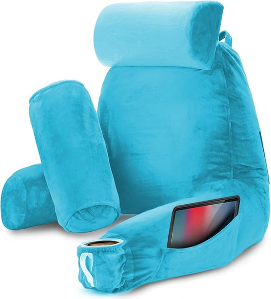 Nestl Reading Pillow Large Bed Pillow, Back Pillow for Sitting in Bed Shredded Memory Foam Chair Pillow, Reading & Bed Rest Pillows Bright Blue Back Pillow for Bed, Bed Chair Arm Pillow with Pockets