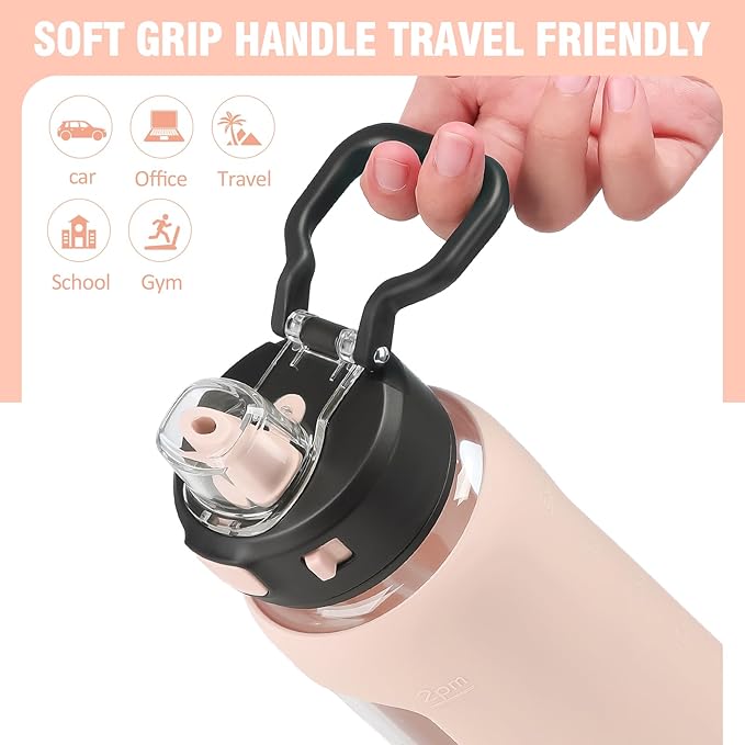 Kodrine 32 oz Glass Water Bottle with Soft Silicone Spout, Locking Lid, and Carry Loop, Pink