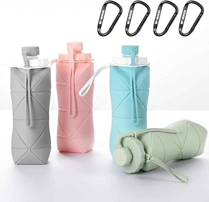 Collapsible Water Bottle, Silicone Foldable Water Bottles For Travel, Easy-To-Carry Design And Compact Size, BPA Free, 20 oz (4PC, 4 Colors)