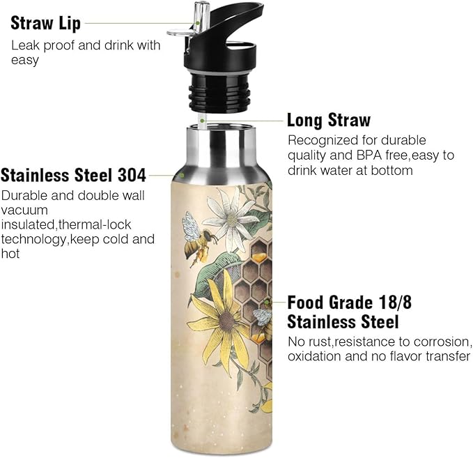 ALAZA Honey Bee Retro Floral Water Bottle With Straw Lids Boys Girls,Vacuum Insulated Leakproof Stainless-Steel Sports Bottle Thermal Flask For Gym Yoga Camping,20Oz (600Ml)