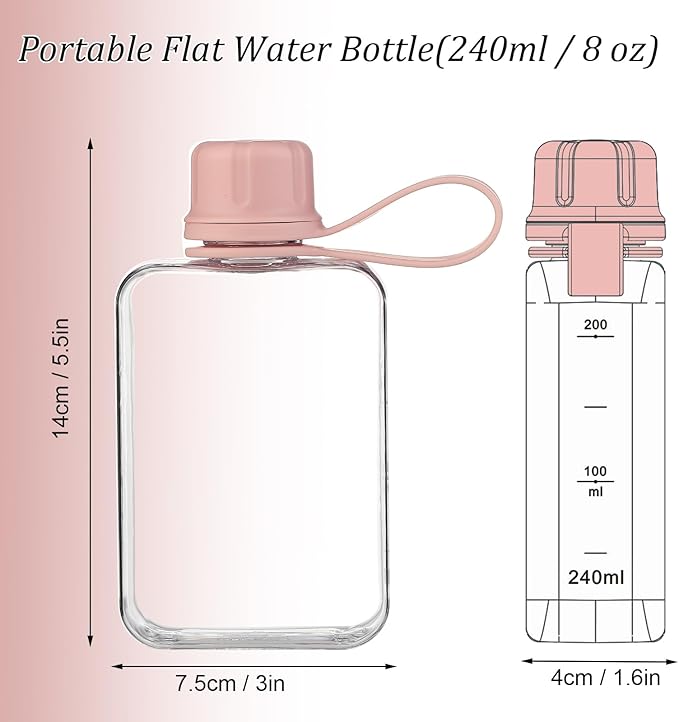 Tritan Transparent Flat Water Bottle samll Water Bottle Slim Square Pocket Bottle Water Flask, BPA Free/Slim Design/Leak Proof Water Bottle for Travel, Outdoor, Sports, Camping. (Pink, 240ML)