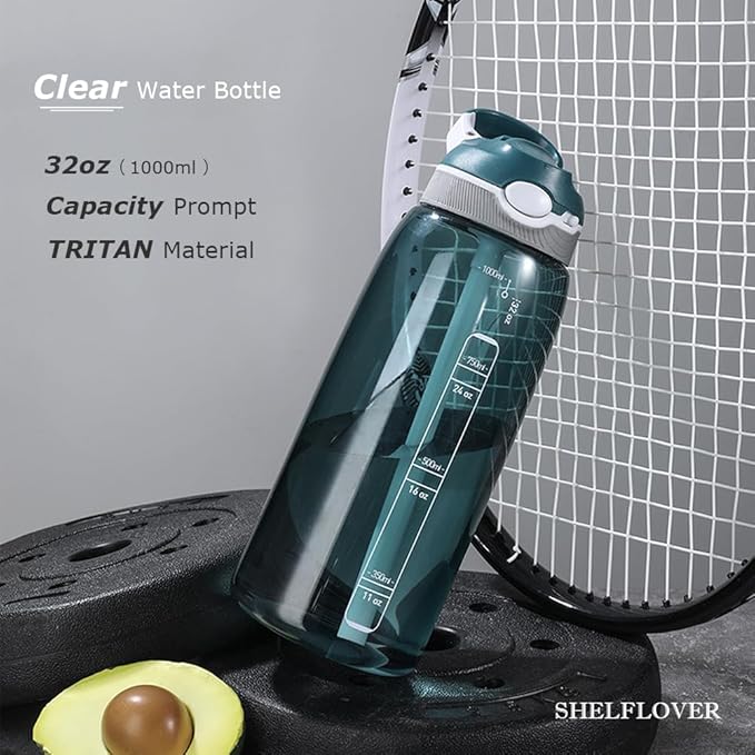 SHELFLOVER Dark Cyan Water Bottle With Narrow Straw, BPA FREE Clear Bottles With Handle One Hand Use Easy Carried, Flip Up, Suit School, Office, Gym, Office For Men, 32oz (1000ml)