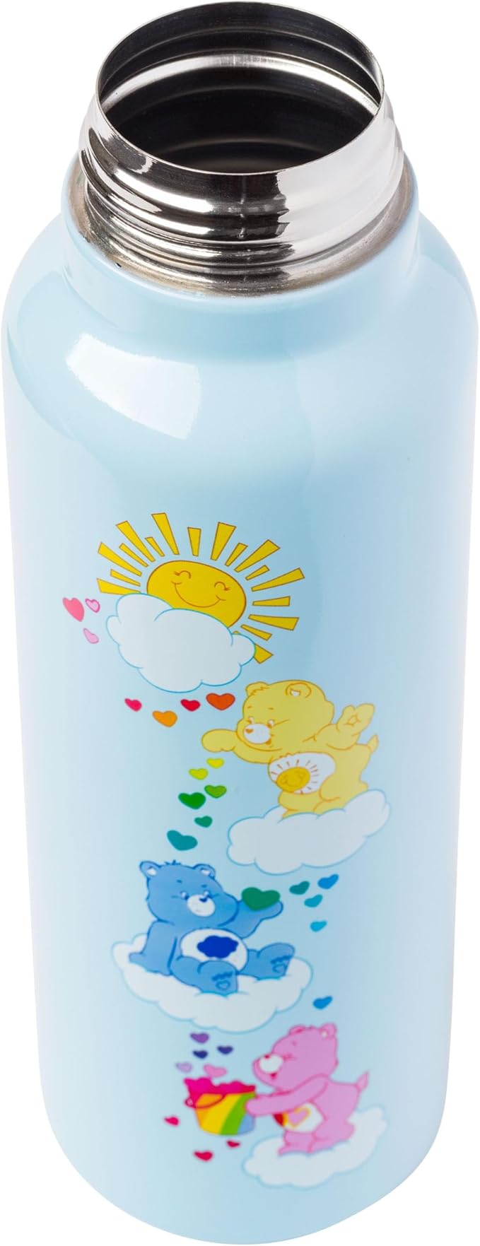 Silver Buffalo Care Bears Sun Shower Stainless Steel Blue Water Bottle with Strap, Features Cheer Bear, Funshine Bear, and Tenderheart Bear, 27 Ounces