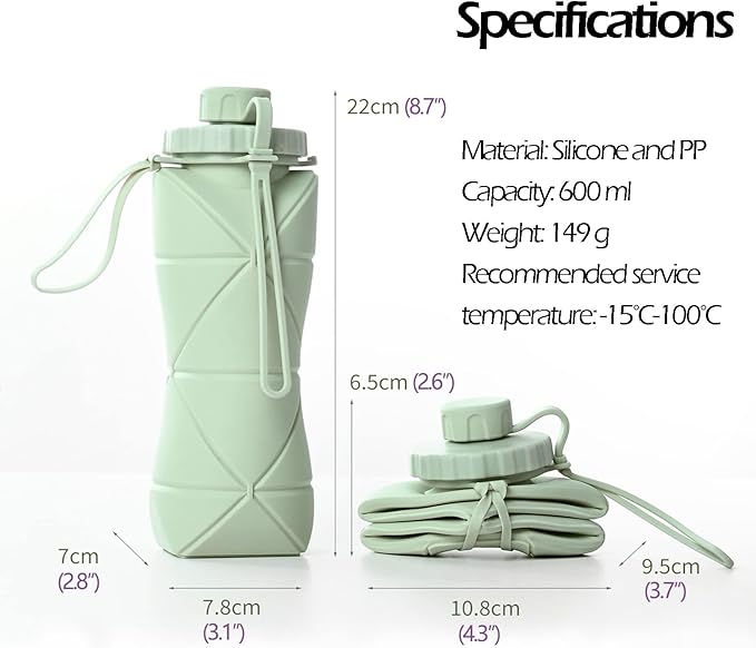 Collapsible Water Bottle, Silicone Foldable Water Bottles For Travel, Easy-To-Carry Design And Compact Size, BPA Free, 20 oz (Green)