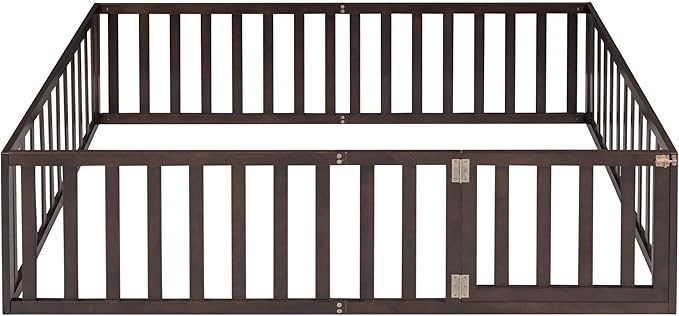 Full Size Floor Bedframe with Door and Safety Guardrails Fence, Solid Wooden Toddler Montessori Platform Bed for Children Bedroom, Boys Girls, Kids Playroom