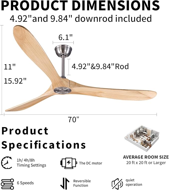 Bigzone 70" Ceiling Fans With Remote, DC Motor Energy Efficient, 3 Wood Blades, Real Wood Ceiling Fan No Light, Brushed Nickel Ceiling Fan With Reversible Blades