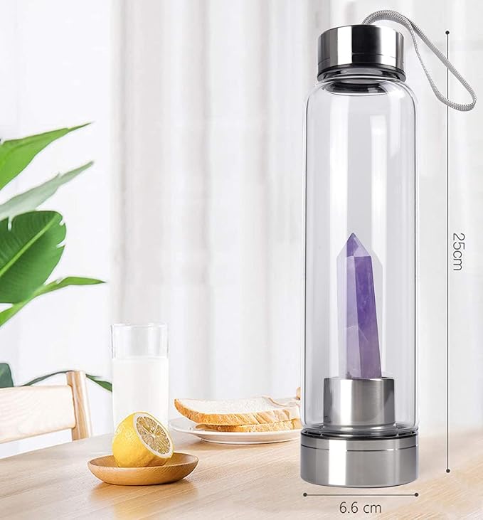 Crystal Glass Water Bottle, Glass Water Bottle with Changeable Natural Crystal Center, Quartz Gemstone Water Bottle for Natural