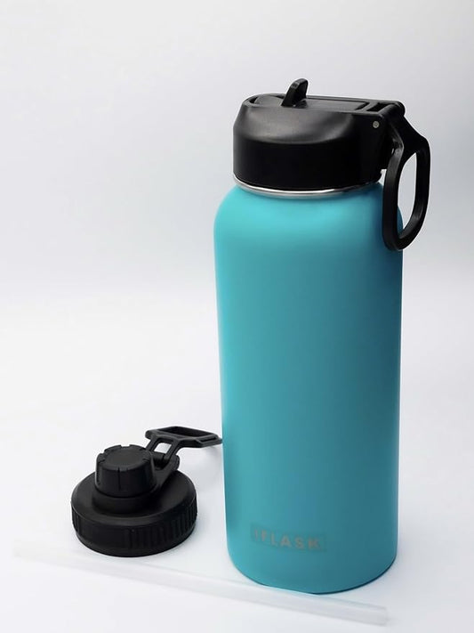 Sport Travel Outdoor Water Bottle with Spout and Straw Lids | Leak Proof | Insulated Stainless Steel Double Walled | BPA and Sweat free | Hot & Cold | For Kids Men & Women (Blue, 32 oz)