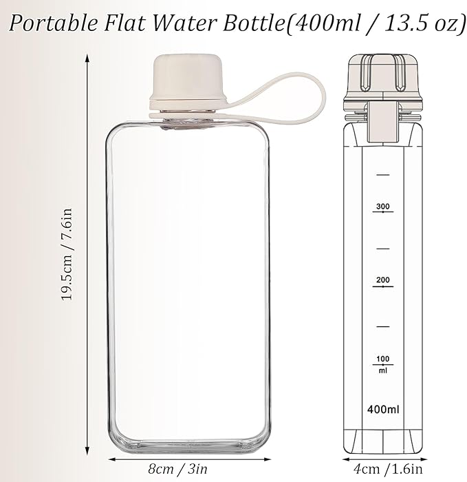 Tritan Transparent Flat Water Bottle samll Water Bottle Slim Square Pocket Bottle Water Flask, BPA Free/Slim Design/Leak Proof Water Bottle for Travel, Outdoor, Sports, Camping (White, 400ML)