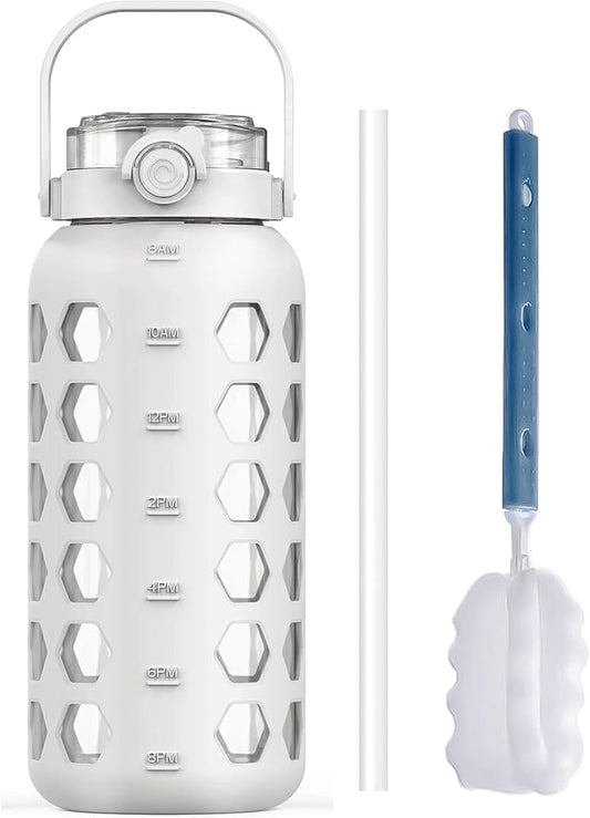 MUKOKO Half Gallon/64 oz Glass Water Bottles with Straw and Lid,Motivational Water Jug with Time Marker Reminder and Silicone Sleeve,100% Leakproof BPA Free Fitness Sports Large Bottle-White