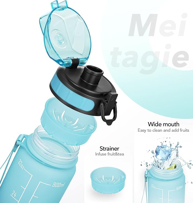 32oz Motivational Water Bottle with Time Marker & Fruit Strainer, Leak-proof BPA Free Non-Toxic 1l Bottle with Carrying Strap, Perfect for Fitness, Gym and Outdoor Sports (Ombre: Blue Waves)